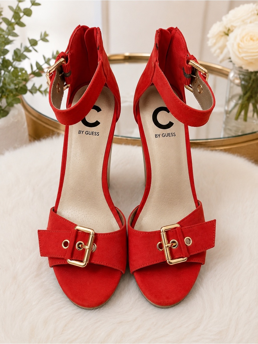 G by Guess Red Suede Ankle-Strap Wedge Sandals - Picture 2 of 4